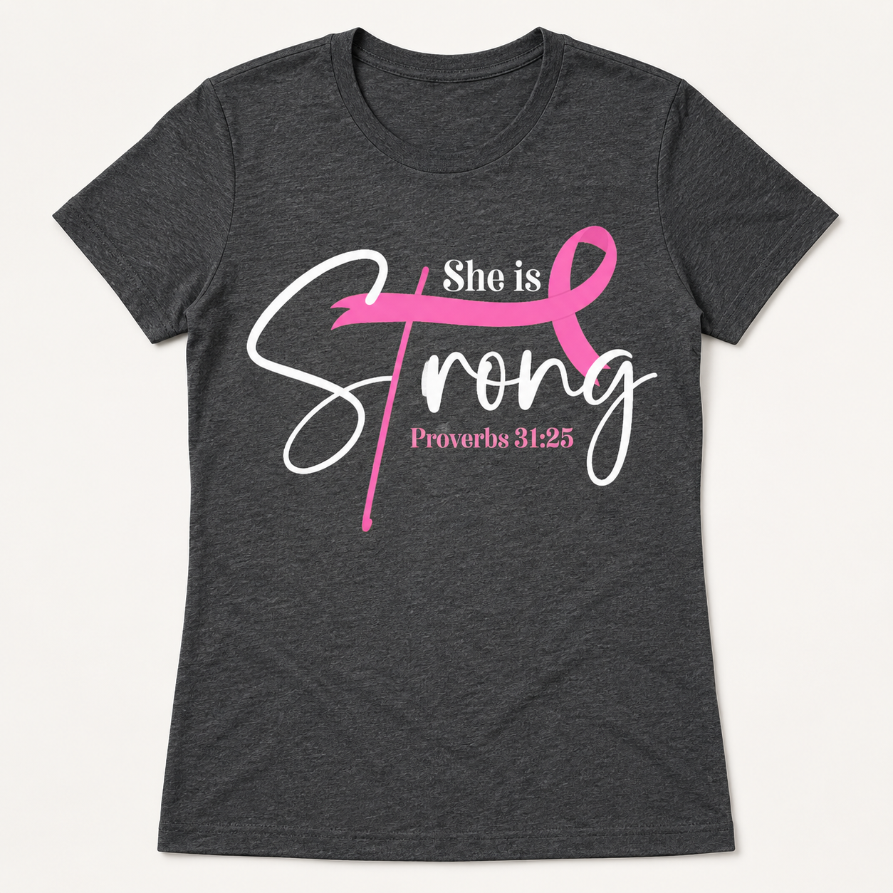 She Is Strong Proverbs 31:25 breast cancer awareness design on dark heather gray T-shirt