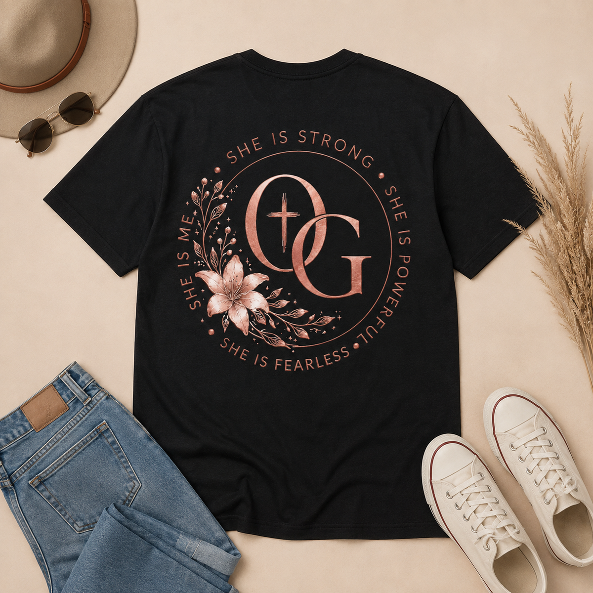 She Is Strong shirt back design flat lay