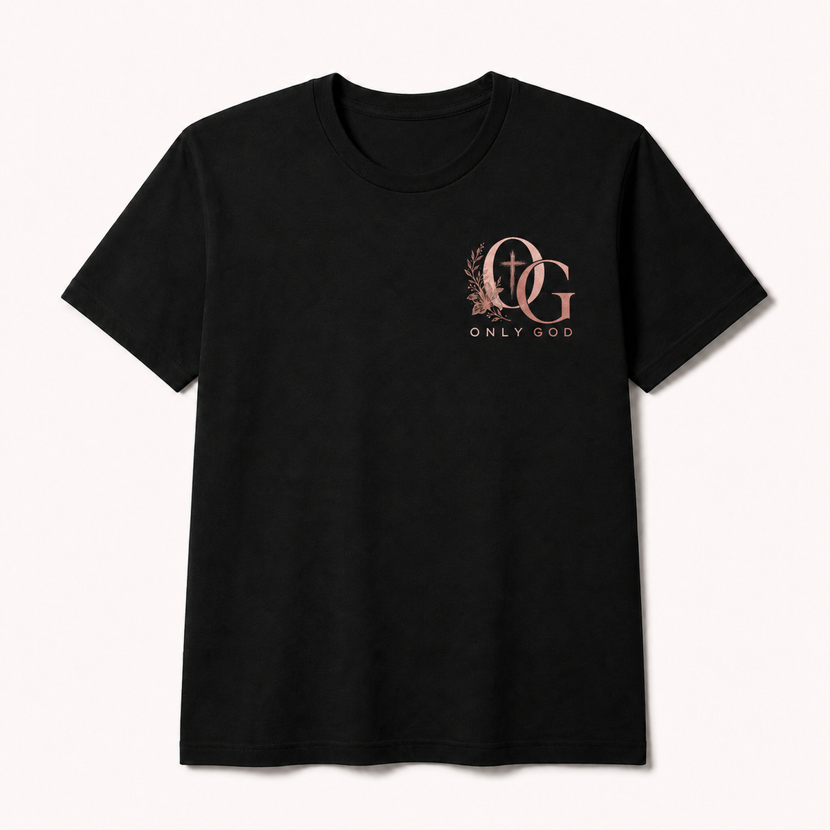 Front floral OG Only God chest logo on black shirt