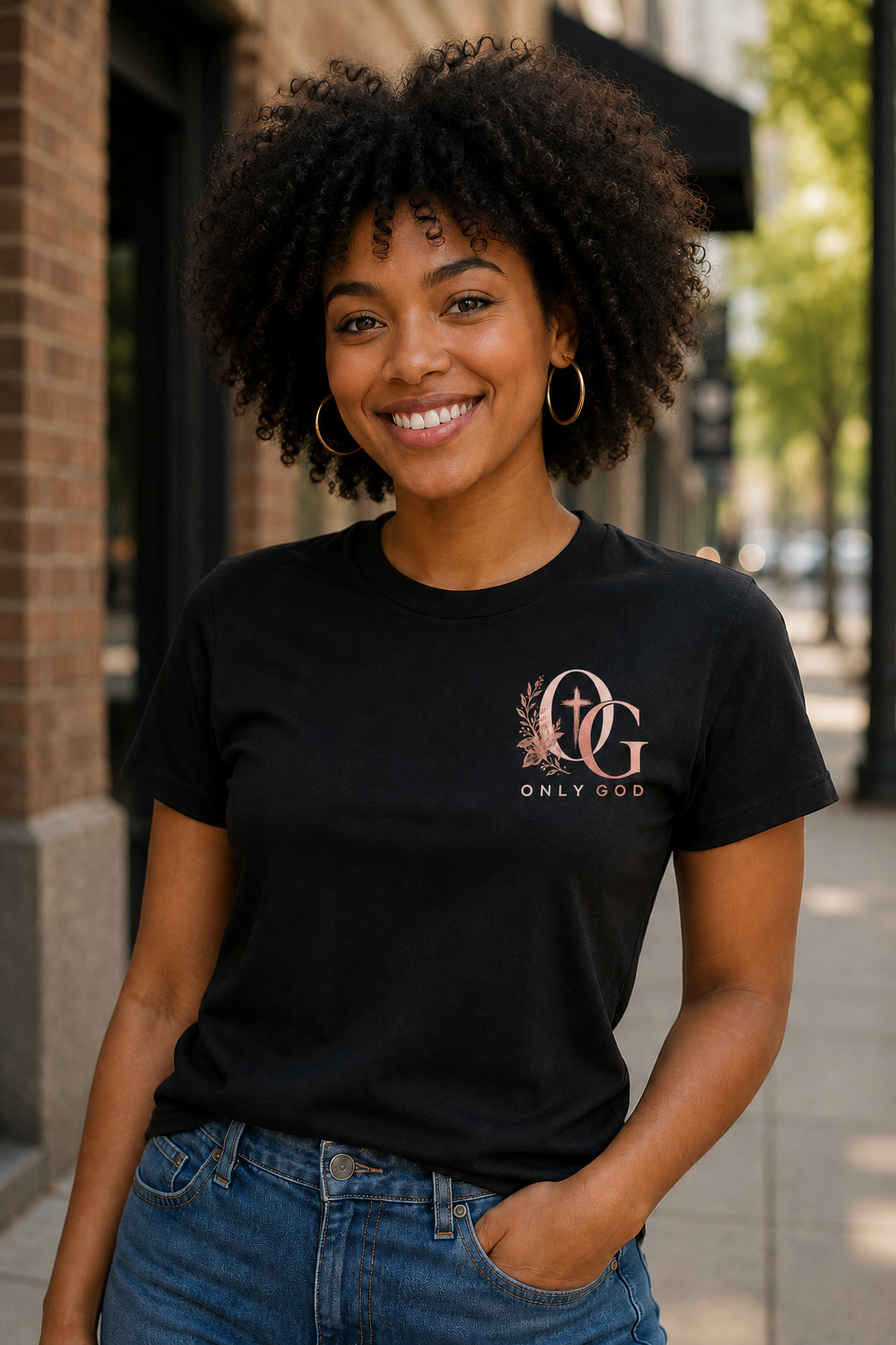 Woman wearing She Is Strong OG black shirt