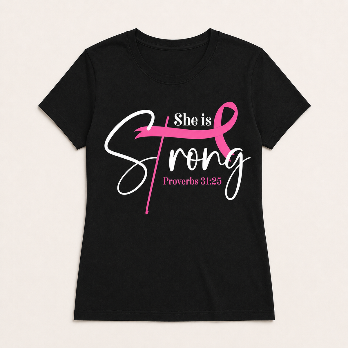 She Is Strong Proverbs 31:25 black T-shirt shown in women’s Large fit