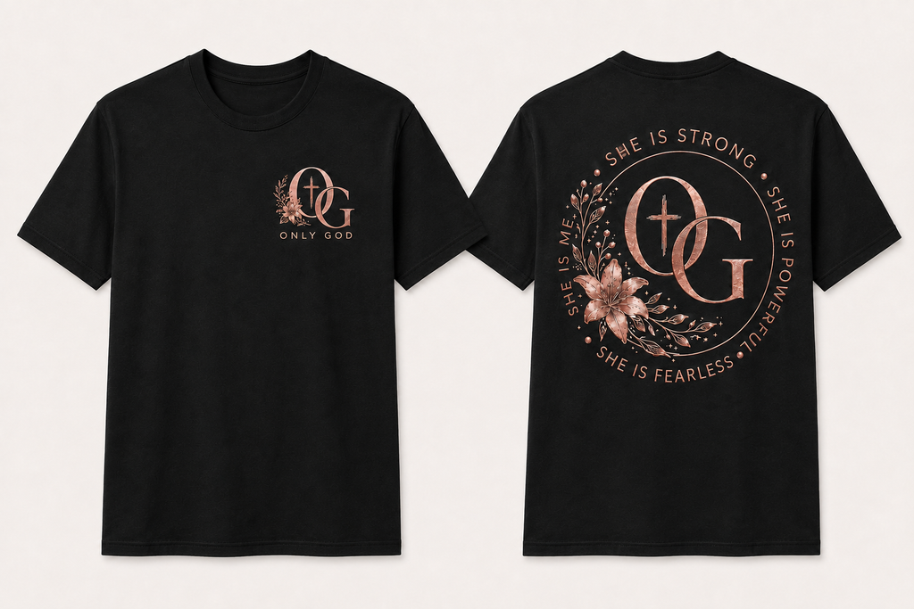 She Is Strong rose gold front and back black T-shirts shown in standardized Large fit