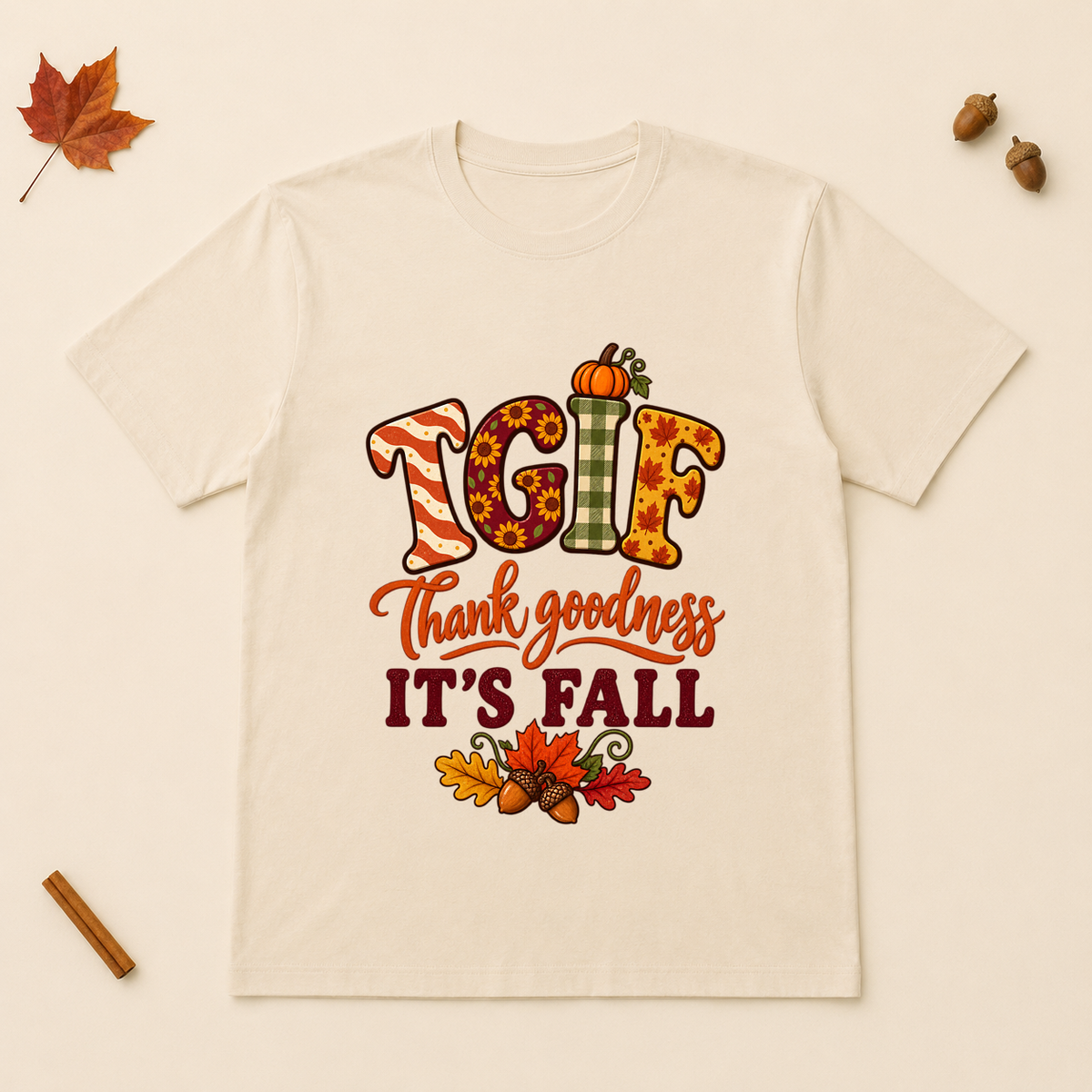 TGIF Thank Goodness It's Fall design on a Natural Bella+Canvas 3001 unisex T-shirt