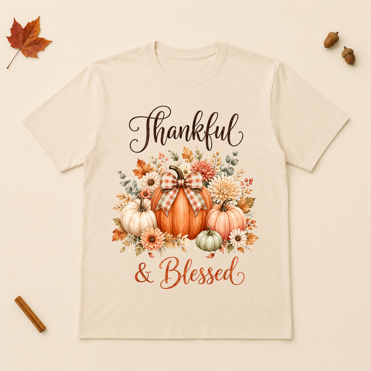 Thankful and Blessed pumpkin design on a Natural Bella+Canvas 3001 unisex T-shirt