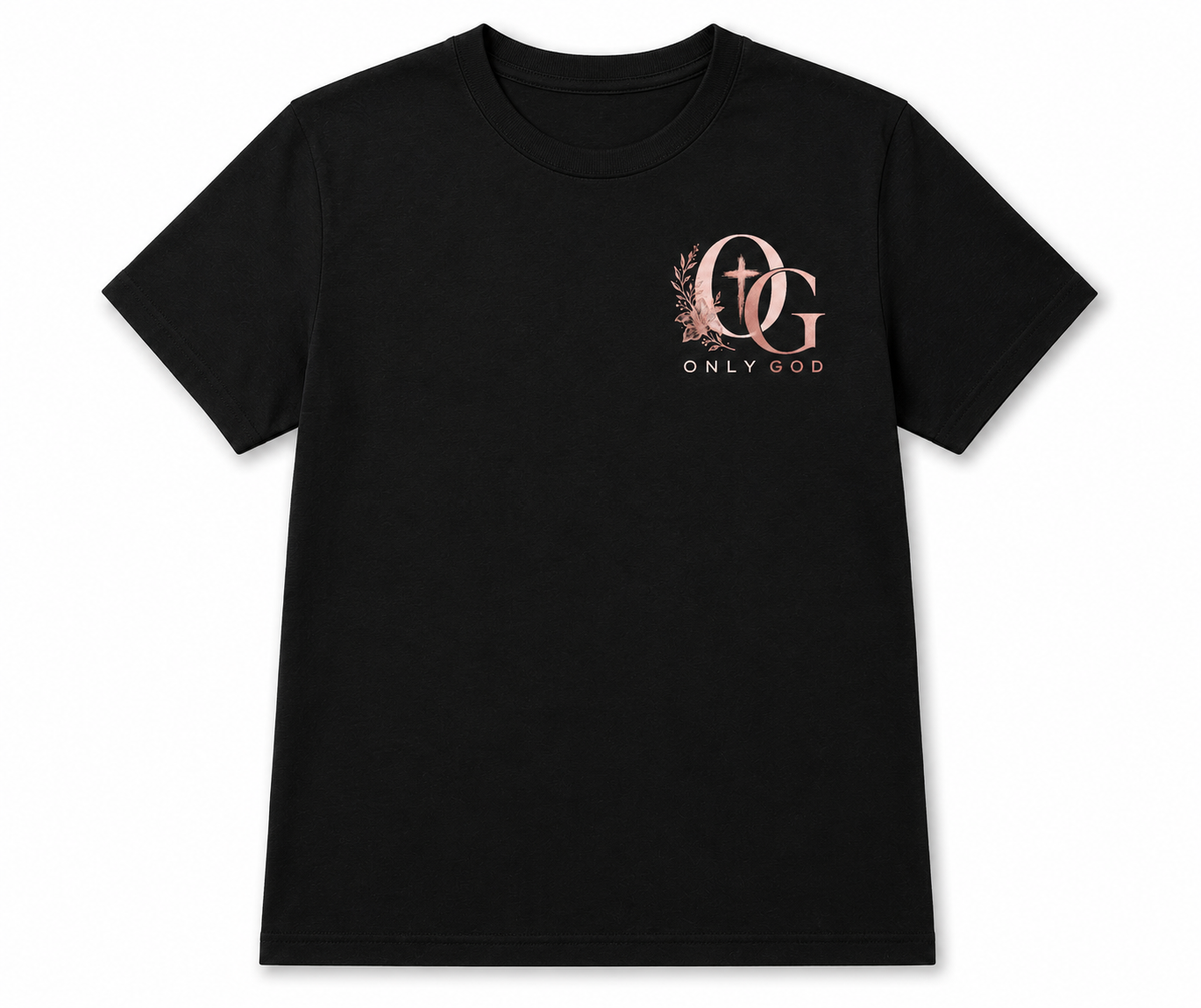 Front floral OG Only God chest logo on Trust in God shirt