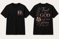 Trust in God Not Your Plans front and back black T-shirts shown in standardized Large fit