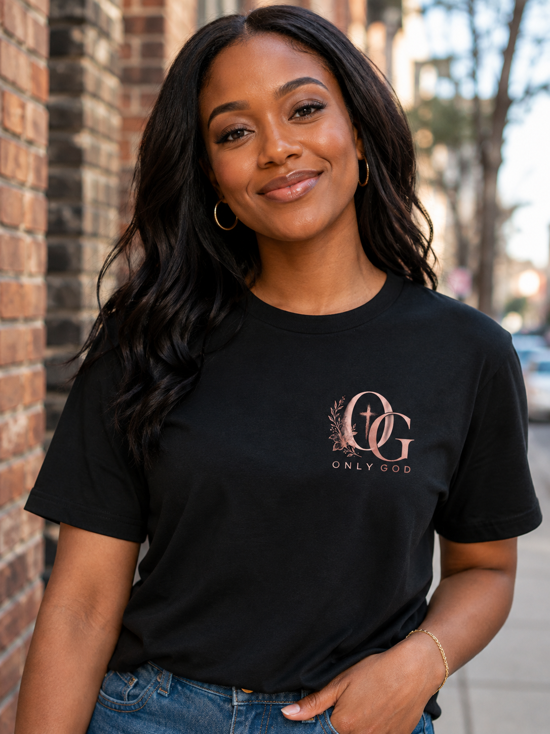 Woman wearing Trust in God OG black shirt